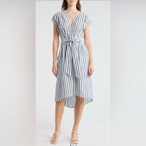 NWOT Max Studio Tie Front Cotton Blend Navy/White Train Striped Midi Dress